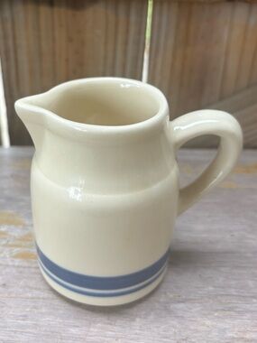 Friendship Pottery Roseville OH Blue Banded Stoneware Cream Pitcher 4”H